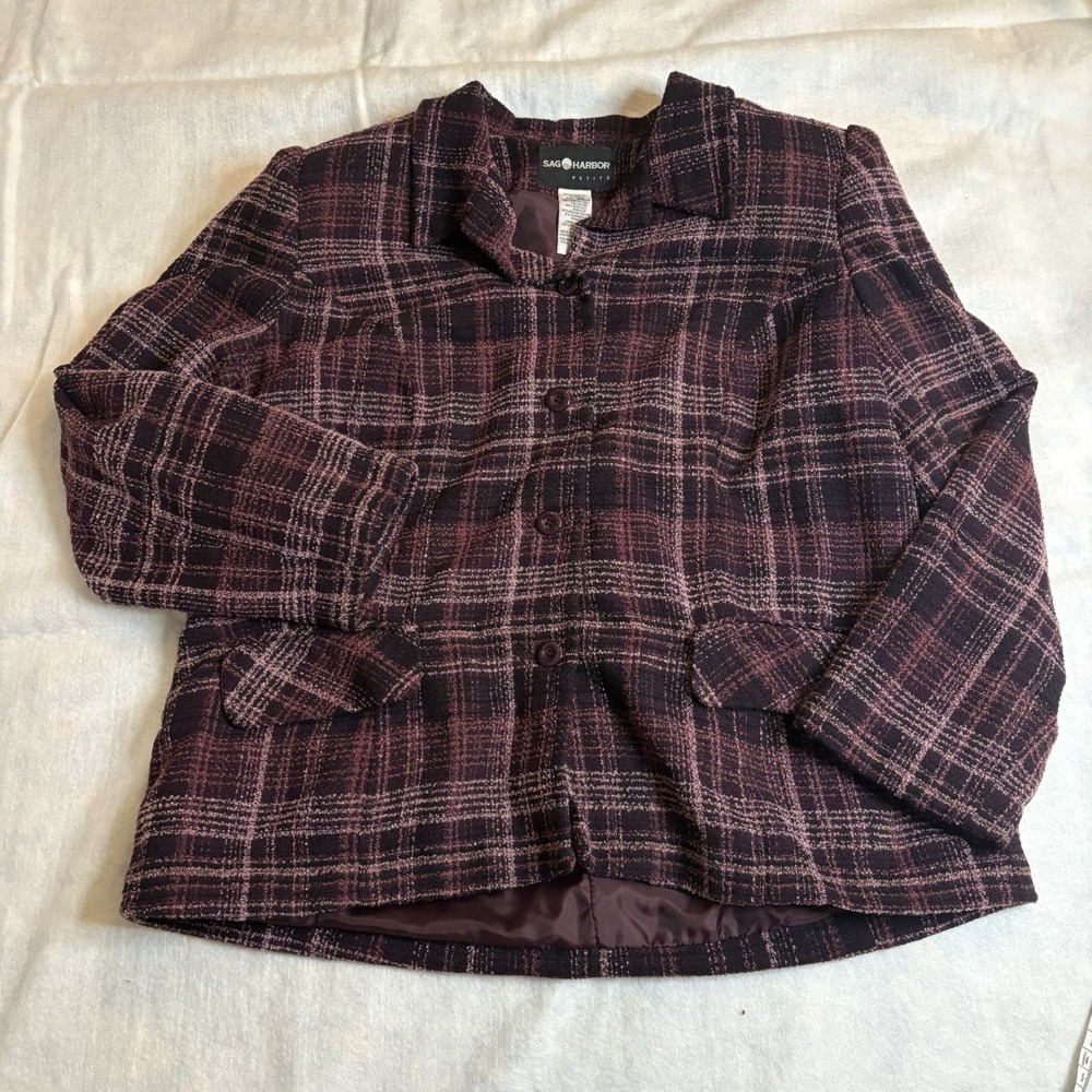 Sag Harbor Jacket Plaid Burgundy Button Front Lined Professional Petite 12P